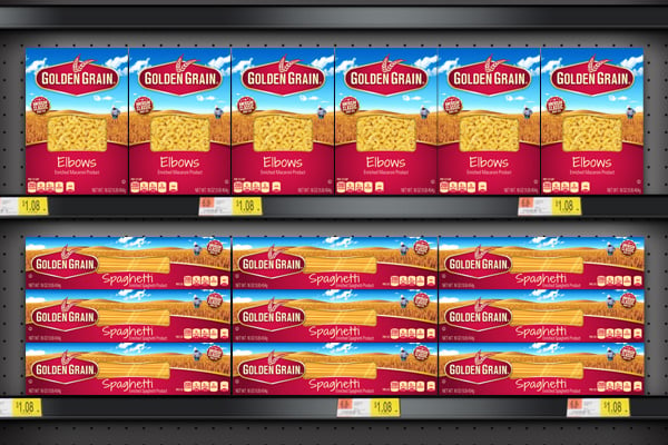 Golden Grain Pasta designed by PKG showcases a billboard effect on shelf