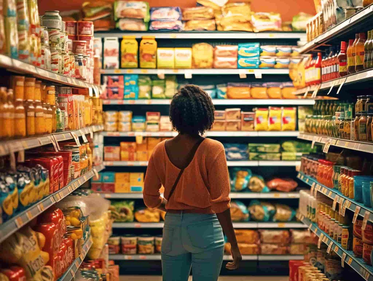 girl in supermarket aisle picking products