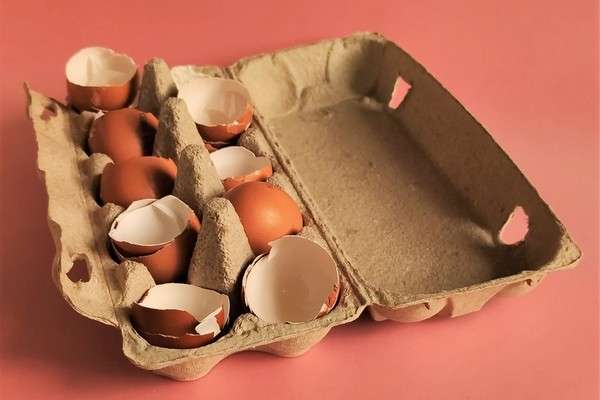 Broken eggs in a cardboard egg carton.