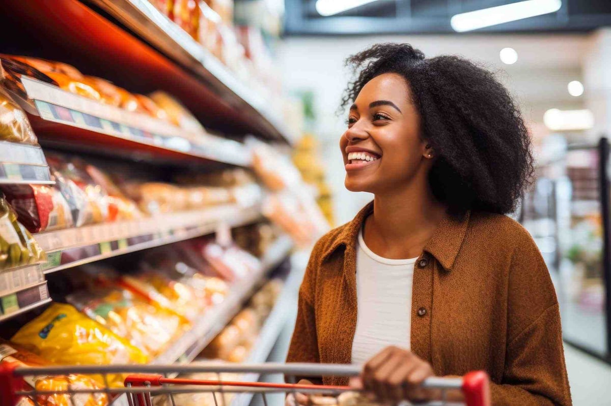 woman picking the most attractive packaging in a supermarket aisle